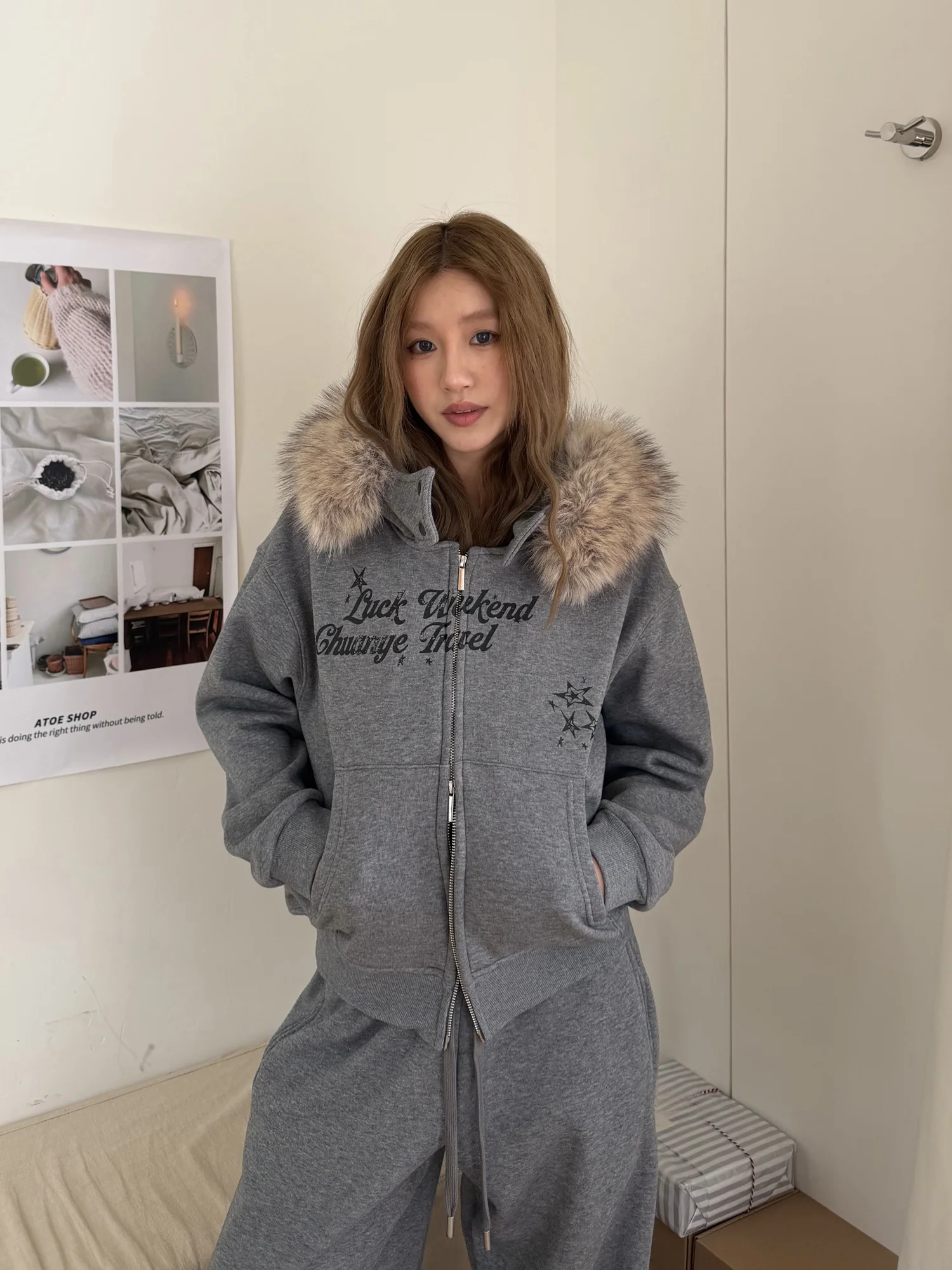 

Толстовка-кардиган с отстегивающимся меховым воротником и принтованным внутренним флисовым слоем для мужчин и женщин, осенне-зимняя мода