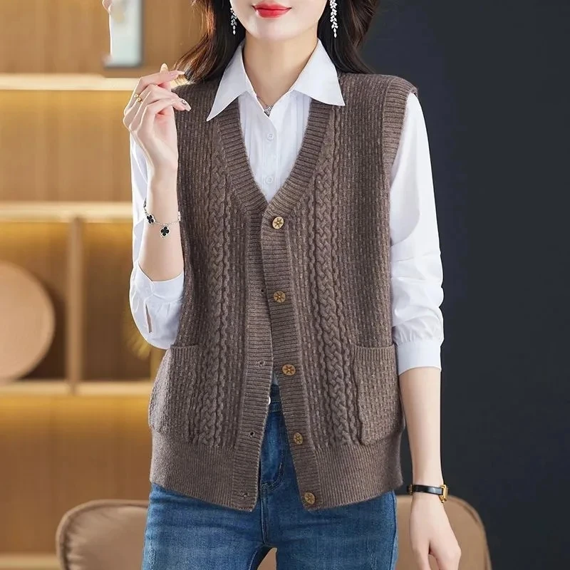 Spring Autumn Sleeveless Loose Women\'s Cardigan Sweater Vest Korean Version Solid Color Ladies Short Knitting Waistcoat Jacket