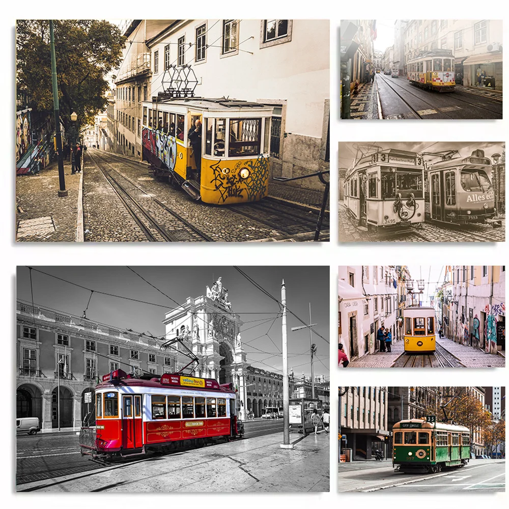 Modern Simple Retro Nostalgic European Town City Street Red and Yellow Tram Home Bedroom Room Decoration