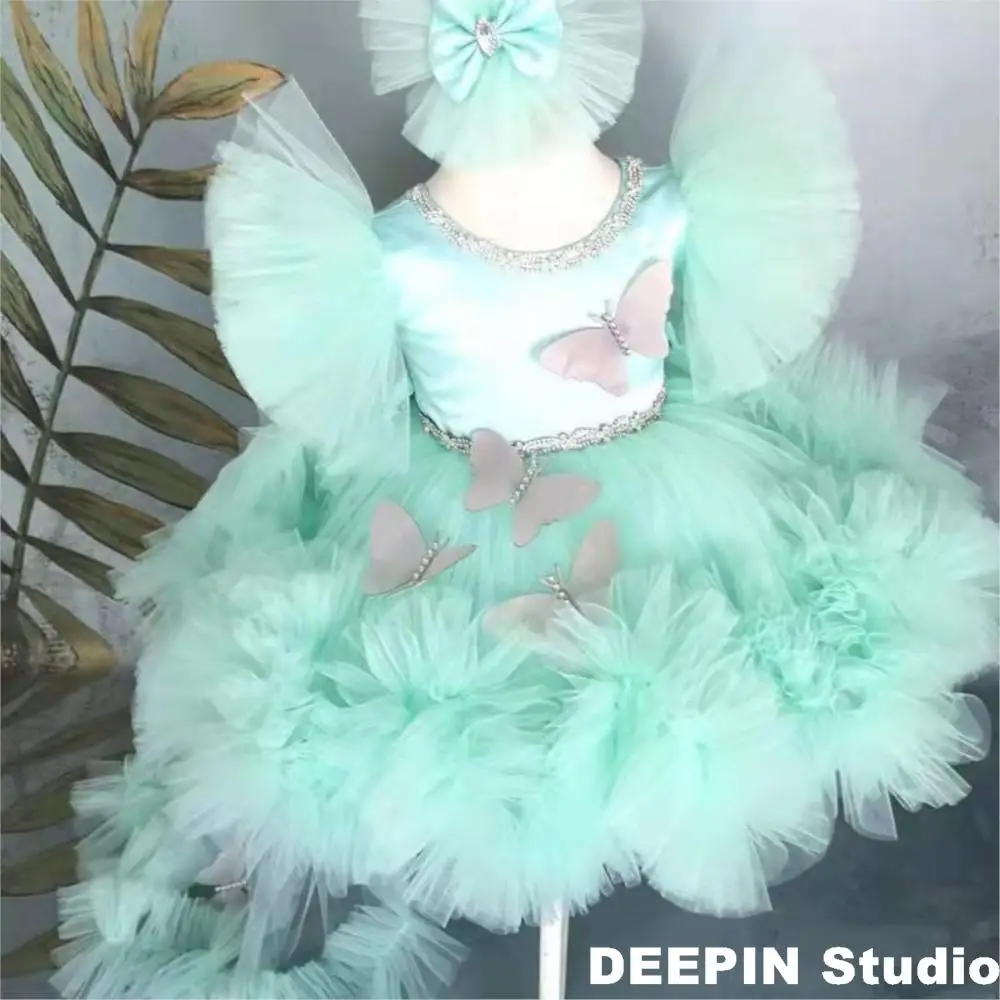 

Luxury Butterfly Fluffy Tutu Infant Dress Summer Girls Baptism Photo Shoot Birthday Party Princess Gown Toddler Ceremony Attire