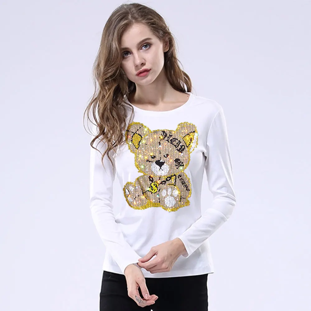 Women\'s T-shirts Harajuku Girls Tops Letter Rhinestones O-neck Long Sleeves Loose Summer Tshirt Bear White Tees Size  S-5XL