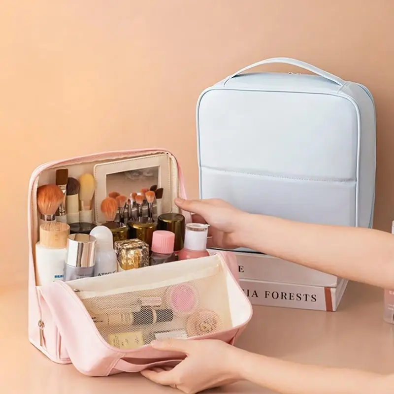 NEW Large Capacity Waterproof Standing Cosmetic Bag With Mirror Women Travel Makeup Storage Organizer