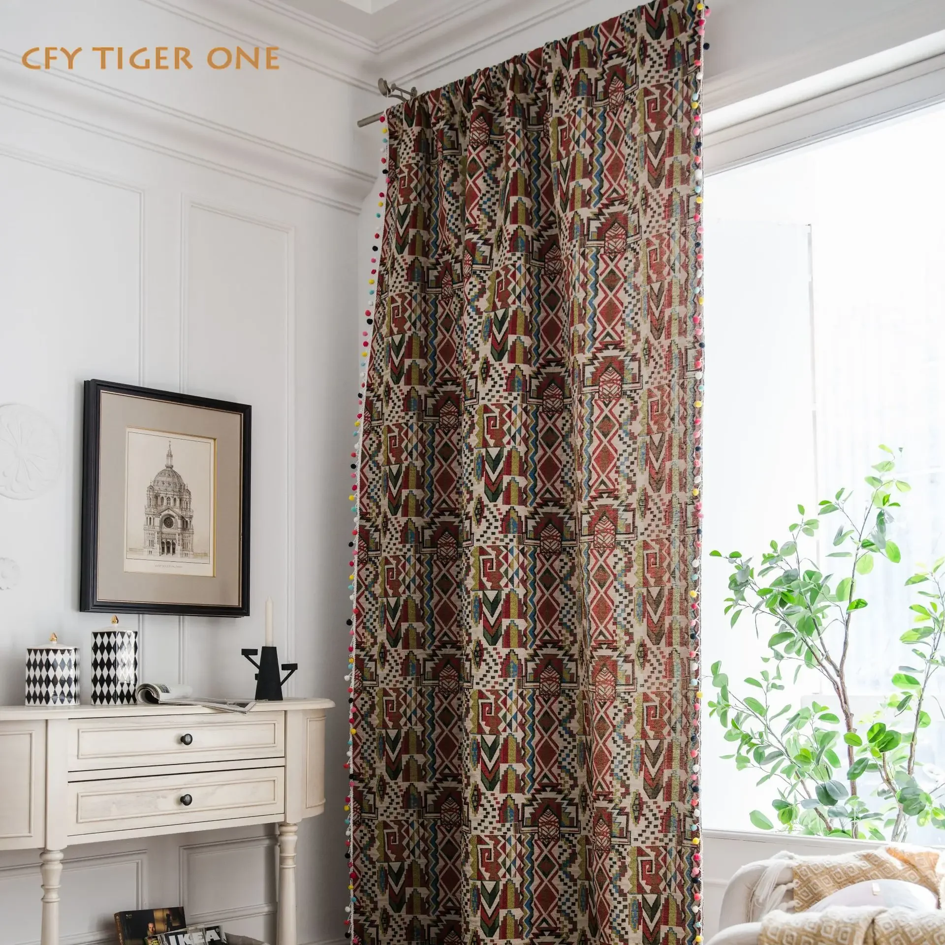 American Geometry Home Window Curtains Thick Tassels Drapes Curtains for Living Room Kitchen Valance Curtains for Living Room