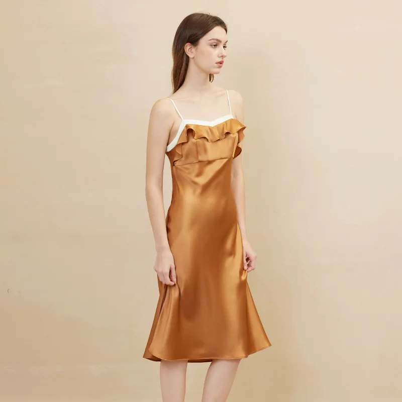 100% de seda Mulberry, camisola de seda de colores contrastantes, vestido con recorte en la espalda, camisón cómodo y Sexy, vestido liso y sedoso elegante de lujo