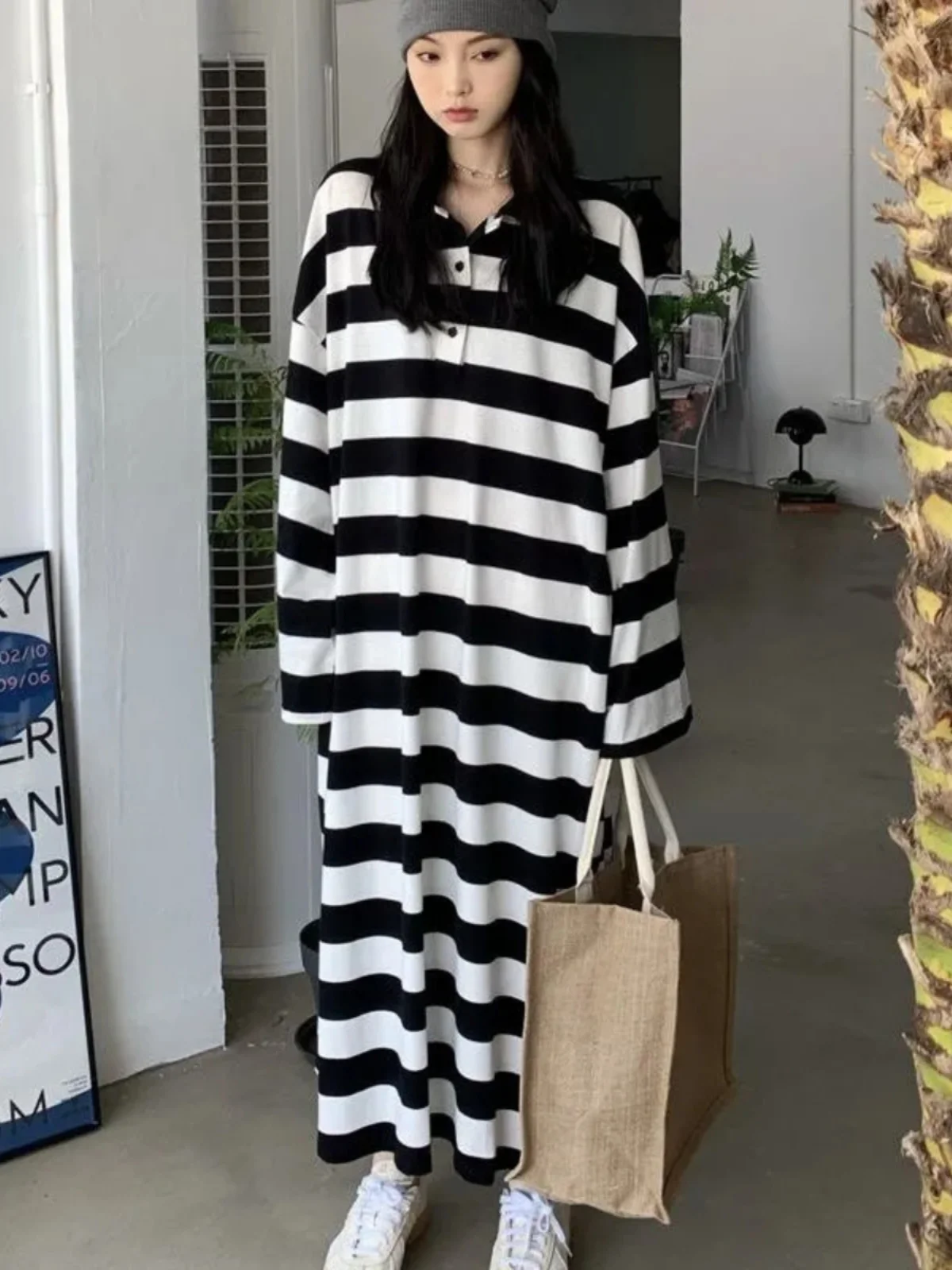 

plus Size Striped Long Sleeve Dress Women Loose Collar Autumn Fashion Comfortable Korean Style A-Line Skirt Casual Wear