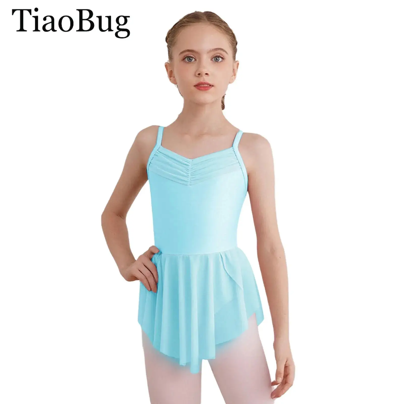 

Girls Ballet Dance Dress Ballerina Practice Performance Costume Spaghetti Straps Sides Ruched Split Gymnastics Leotard Bodysuit