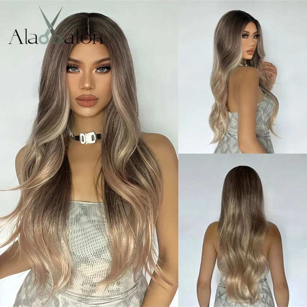 

ALAN EATON Ombre Brown Blonde Wave Wigs for Women Synthetic Hand-tied Hairline Part Lace Wig Natural Looking Heat Resistant Wig