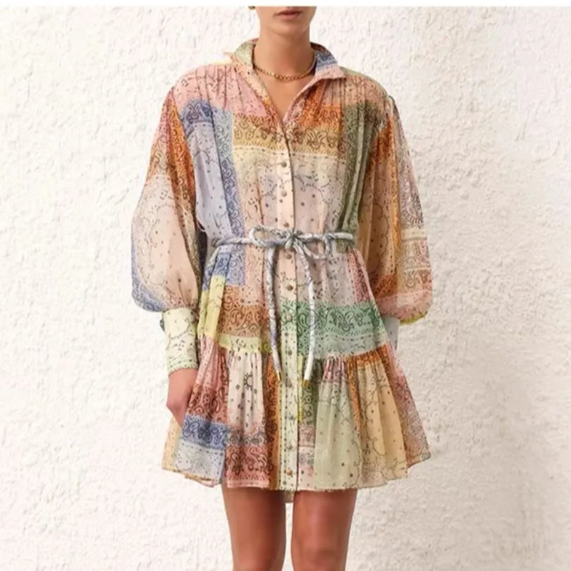 

Retro Print ort Lantern Sve Dr with Single Button Design And Belt Strap 2024 Australian Design Sense Women's Skirt