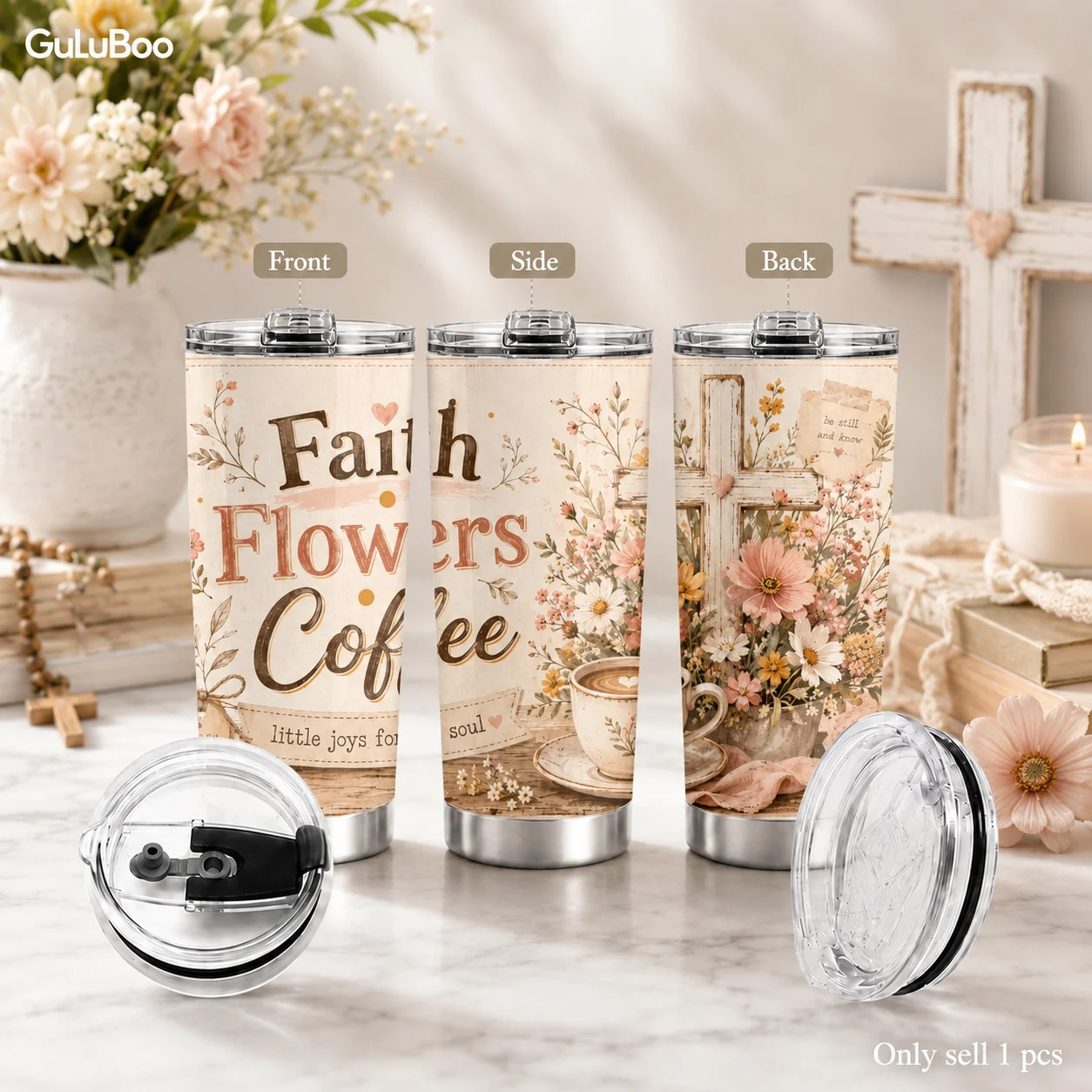 Faith Coffee Floral Quote Prints Vacuum Flasks 20oz Insulated Coffee Tumbler With 2 Lids Reusable Straw Wall Stainless Steel Cup