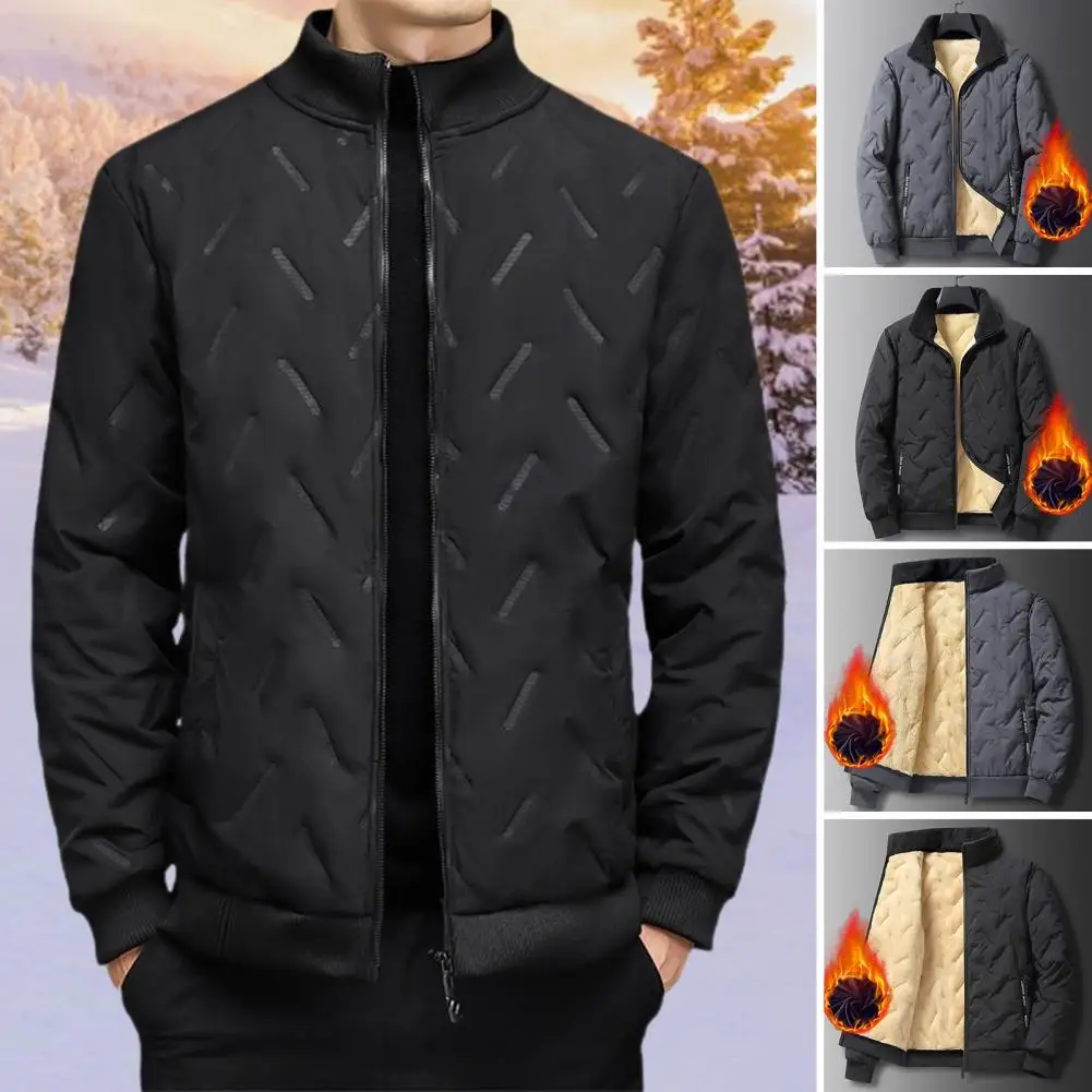 Chaqueta cálida de invierno para hombre, abrigo con solapa de líneas en relieve, bolsillos con cremallera, dobladillo elástico, forro de felpa, estilo cálido en relieve