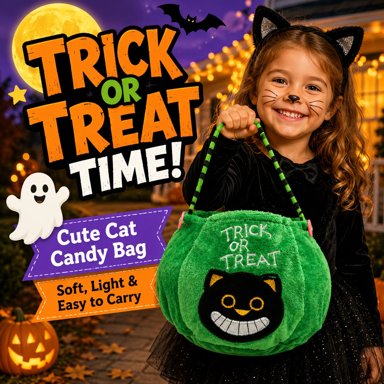 1PC Plush Halloween Candy Bag Pumpkin Cat Vampire Witch Treat Basket Portable Gift Tote for Party Decoration and Candy Storage