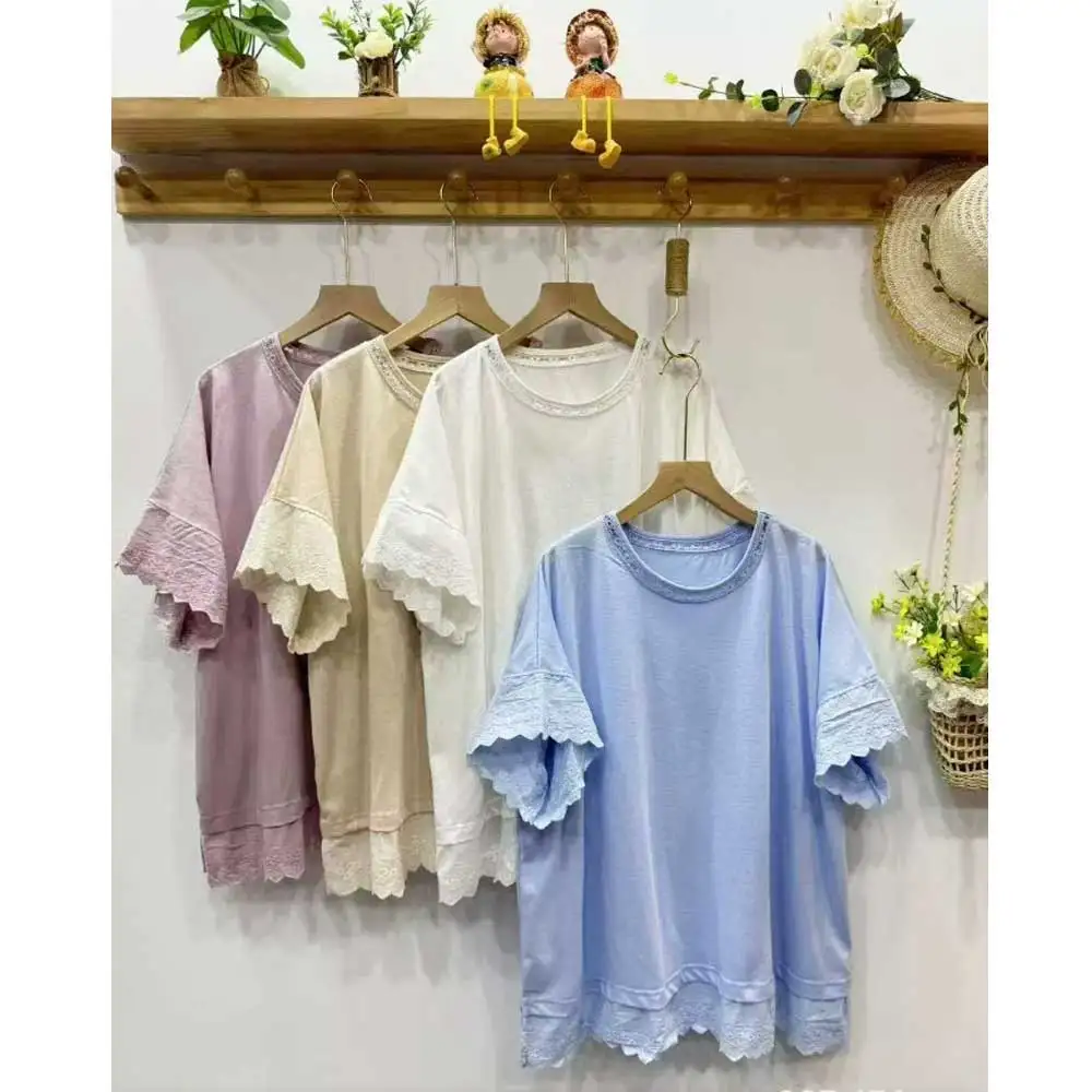 

Japanese Sweet Mori Girl Solid Color Lace Embroidery 100% Cotton T-Shirts Women Summer O-Neck Short Sleeve Pullover Tops