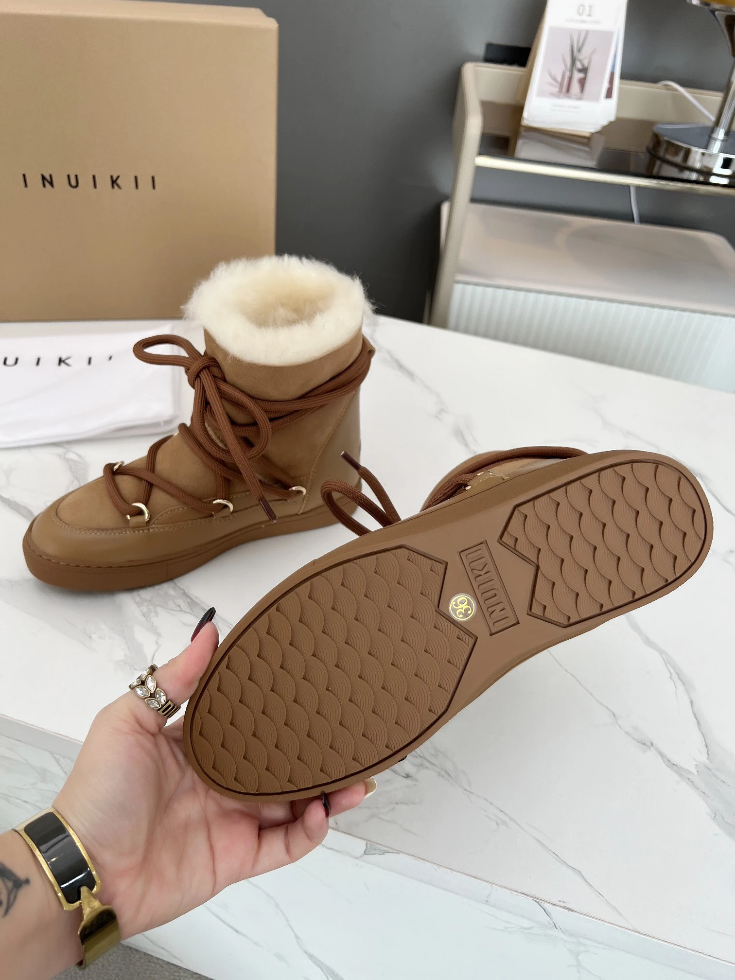 INUIKII Cow Suede Patchwork Short Boots Women Round Toe Inside Wool Warm Winter Shoes Leisure Cross-tied Flat Snow Boots Woman