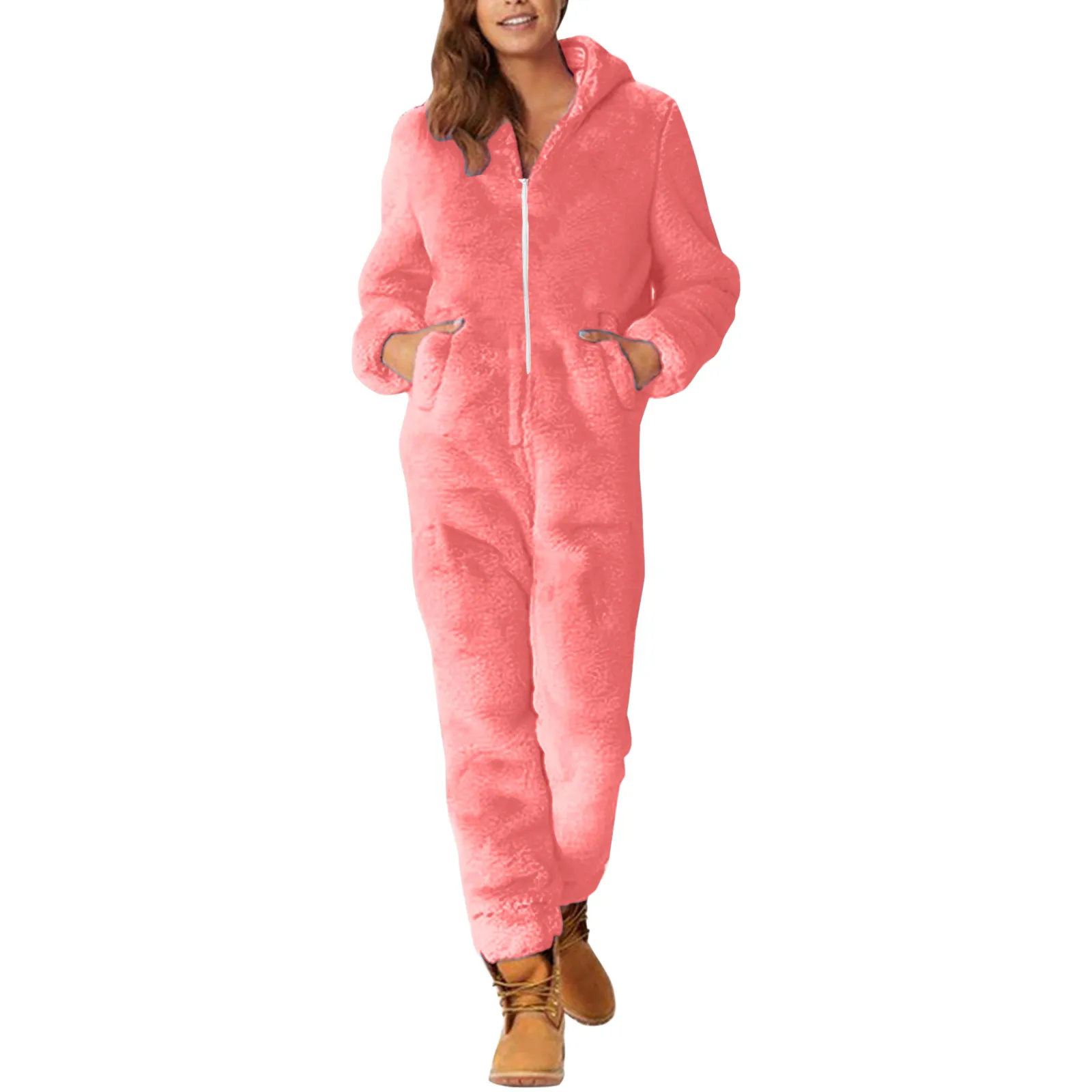 Women\'s Plush Romper Onesies Autumn Winter Flannel Pajamas Sleepwear Zipper Hooded Keep Warm Fluffy Fleece Jumpsuits Homewear