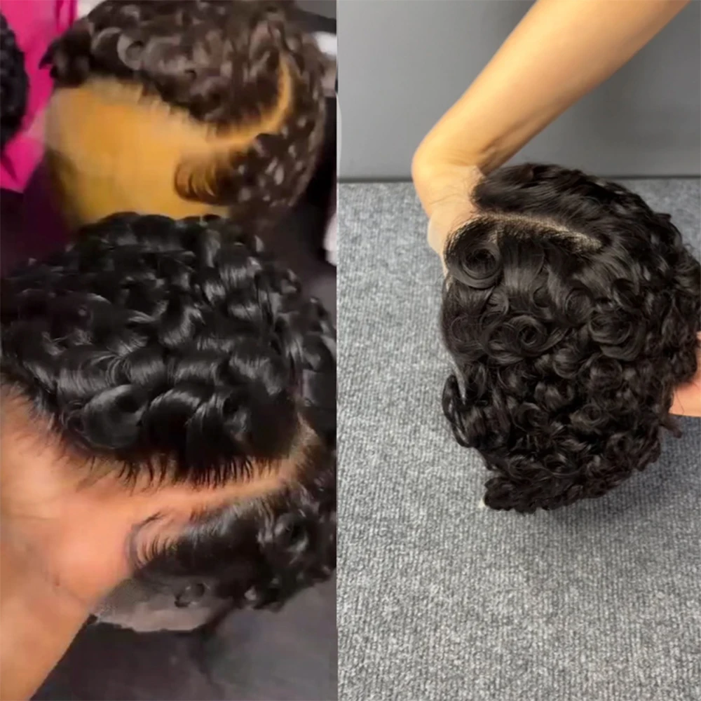 13x4 شعر الإنسان مجعد الدانتيل الباروكة قصيرة عابث قطع الدانتيل الجبهة الباروكات الجانب جزء قبل قطعها مع شعر الطفل الشعر الهندي الأسود الطبيعي #6