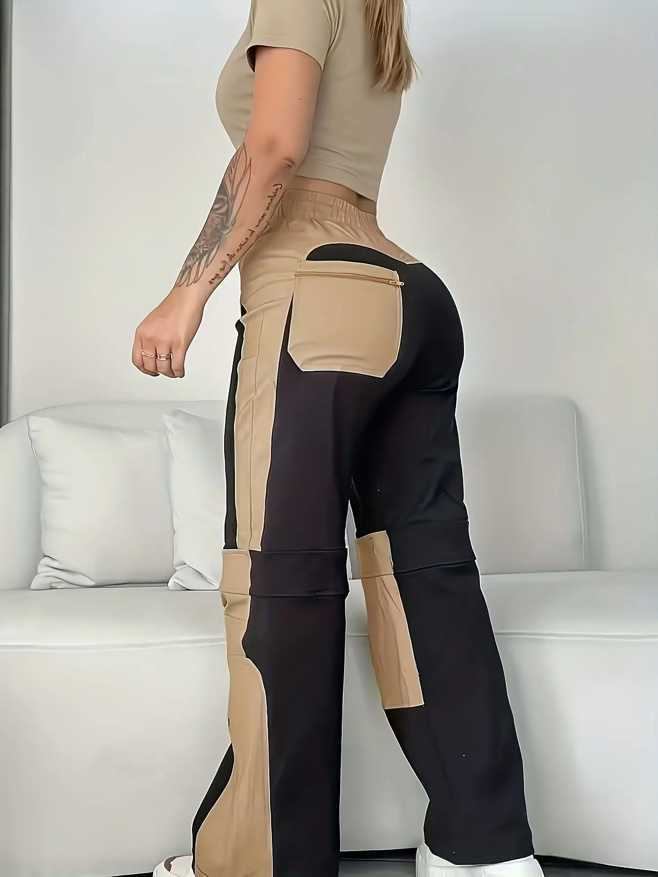 Women's Straight-Leg Cargo Pants with Color-Block Splicing and Multi-Pocket Design for Casual Daily Wear
