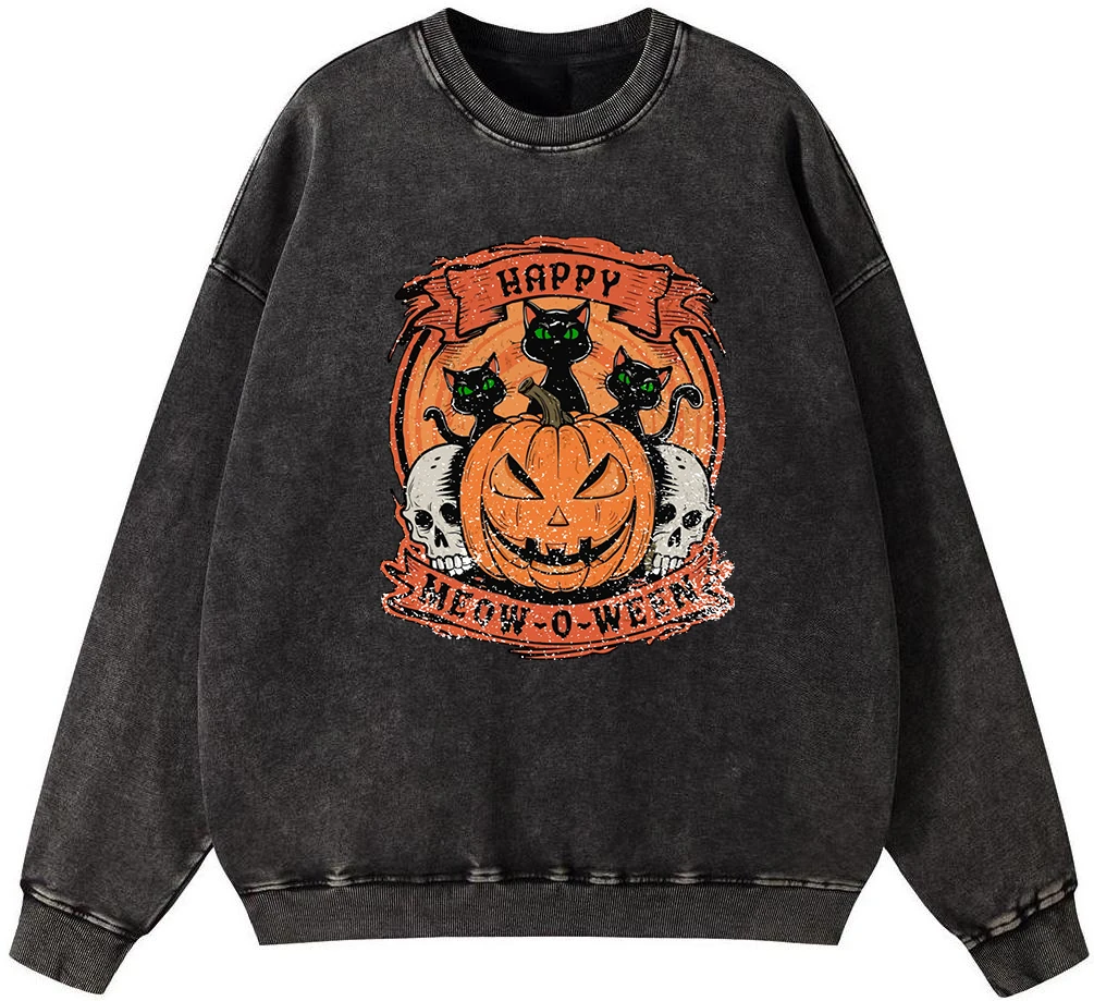 0Happy Halloween Men Vintage Washed Cotton Sweatshirt Simple Oversize Pullover Street Fur-Liner Hooded Hipster