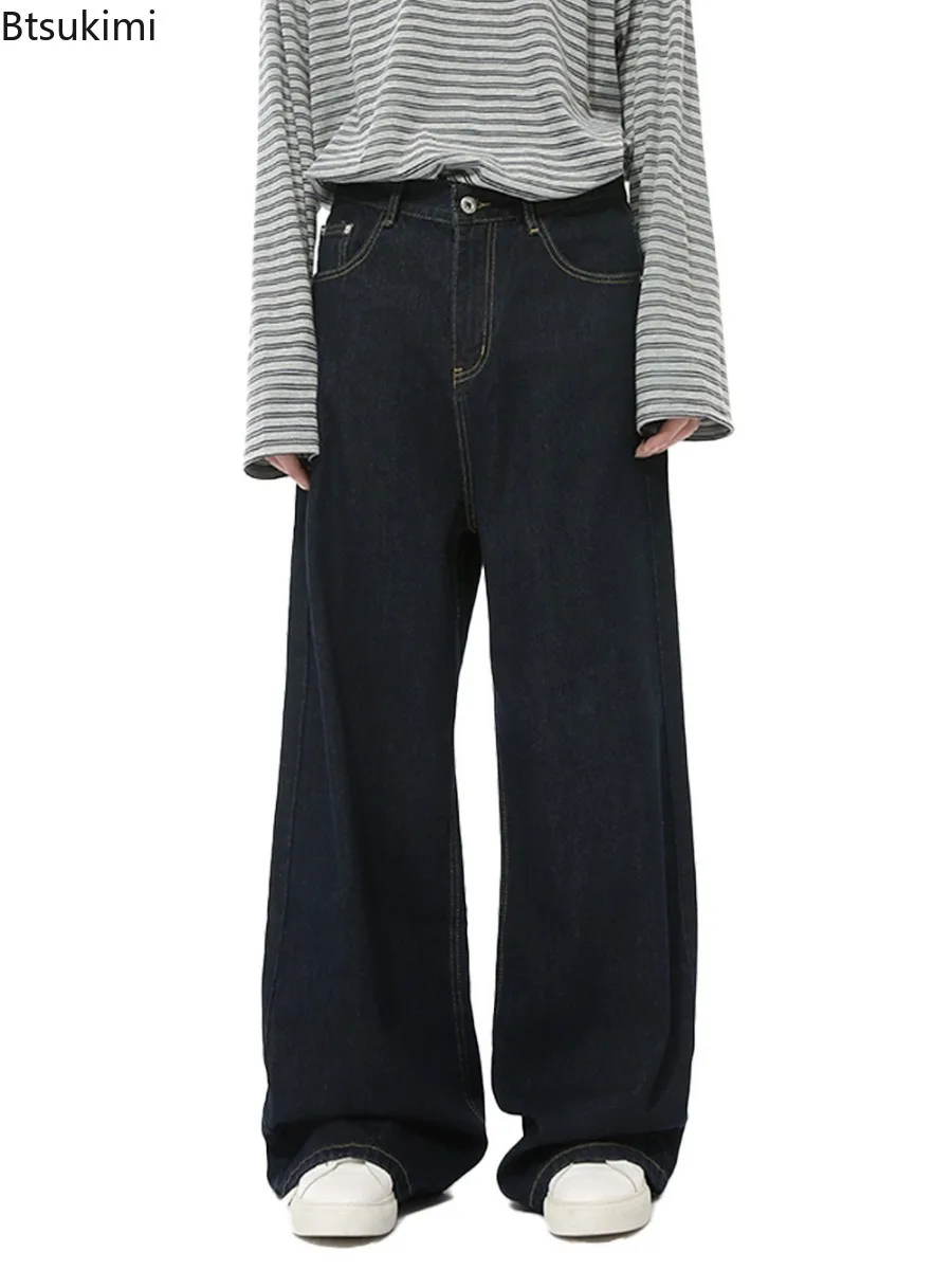 

Винтажные простые мужские джинсы, новые весенне-осенние потертые широкие свободные джинсовые брюки, повседневные прямые мешковатые брюки в американском стиле, мужские