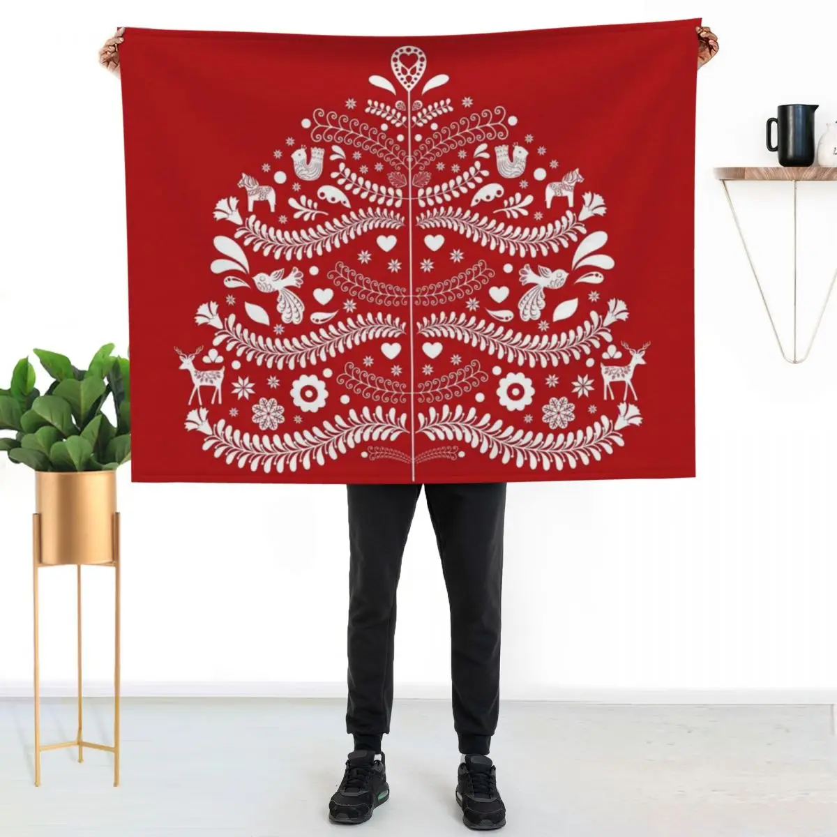 White Scandinavian Christmas Tree on Red Throw Blanket Custom Travel Baby Single Soft Plaid Vintage Blankets