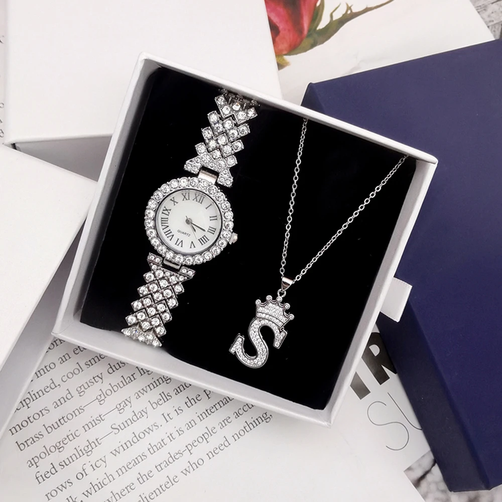 Luxury Rhinestone Watch Women Watch Set Ladies Female Clock Montre Femme Relogio Zirconia Crown Letter Pendant Necklace With Box