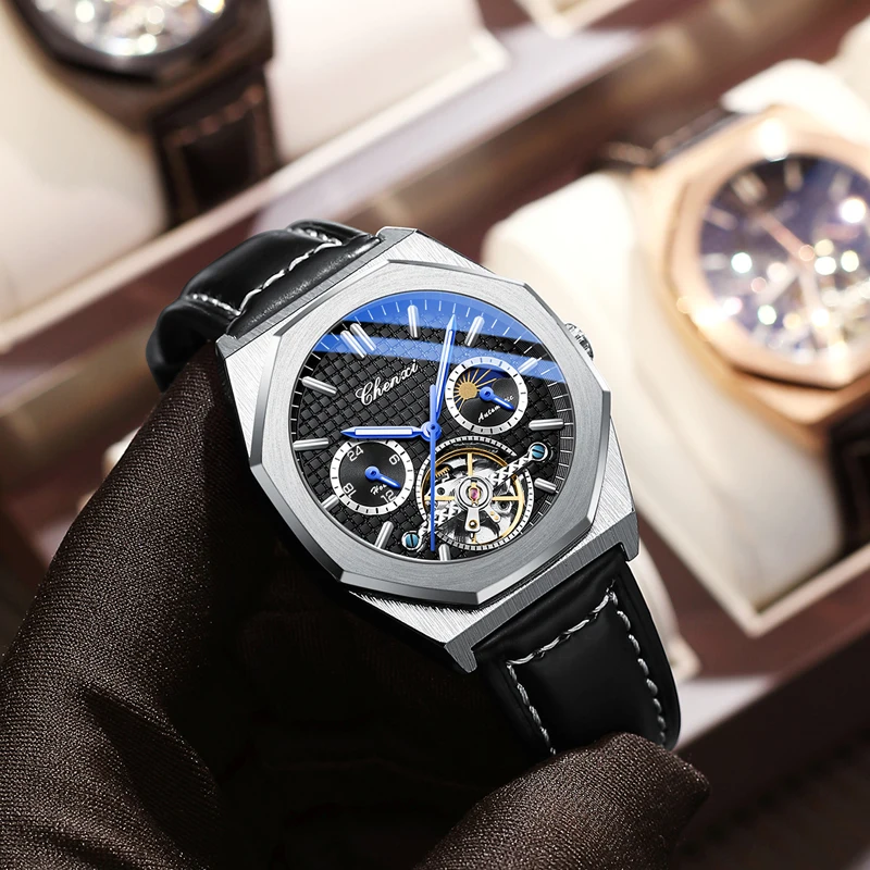 Imagem -03 - Chenxi Relógio Homens à Prova d Água Tourbillon Relógios Correia de Couro Relógios Mecânicos Automáticos para Homens Moon Phase 2023