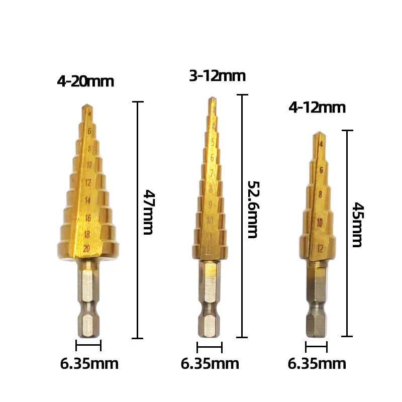 Hexagon Shank Titanium Plated Step Drill 3-12/4-12/4-20mm Small three-piece Pagoda Drill Set