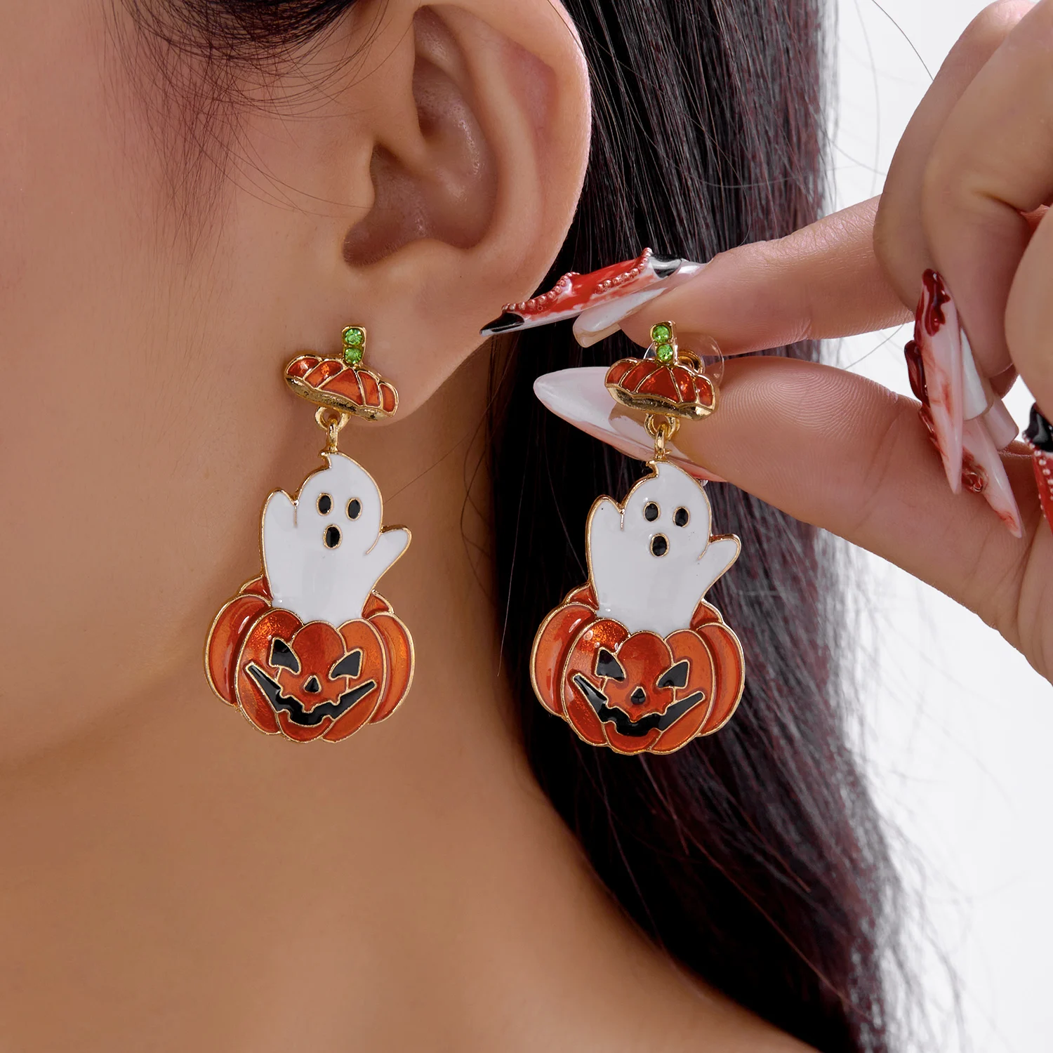 Niedliche Halloween-Geister-Kürbis-Ohrhänger für Damen, Zirkon-Spinnen-Tropfen-Ohrringe, Party-Festival-Statement-Schmuckgeschenke