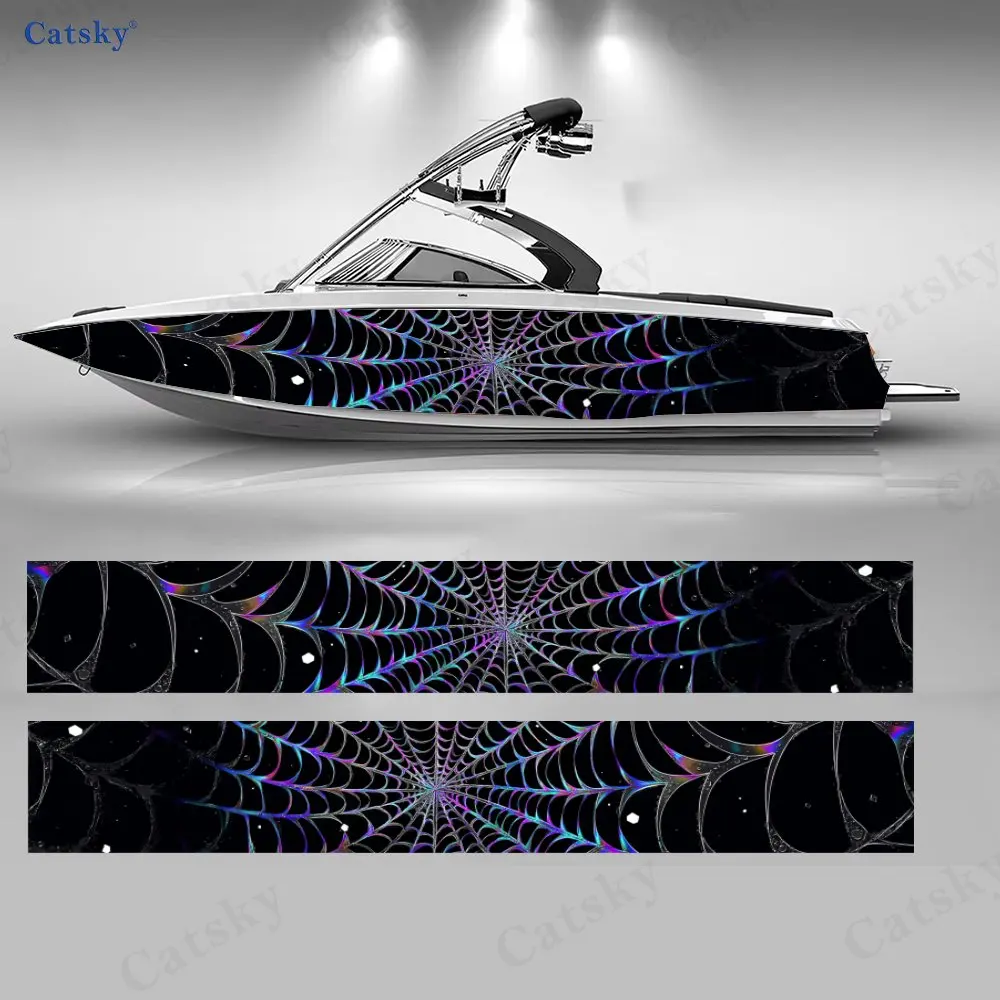 

2Pcs Iridescent Spider Web Boat Stickers, PVC Waterproof Durable Vinyl Wrap Decals for Fishing Boats, Durable and Stylish Design