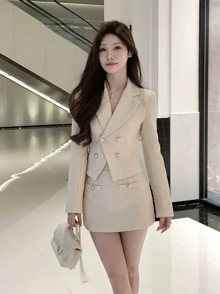 

Insozkdg French High-end Formal Suit Women Clothing Short Suit Coat Wrap Hip Slimming Mini Skirt Set Two Piece Set Women Outfits