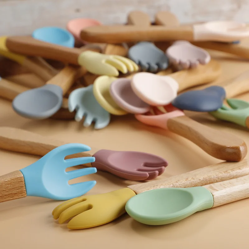 2pcs/set Food Grade Silicone Mini Fork Spoon For Baby Wooden Print Utensils Set Feeding Spoon Learn To Eat Children\'s Tableware