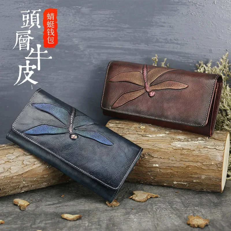 

High-end Fashion Women's Wallet Retro Cowhide Card Holder New Genuine Leather Long Ladies Purse Handmade Wallets Phone Bag