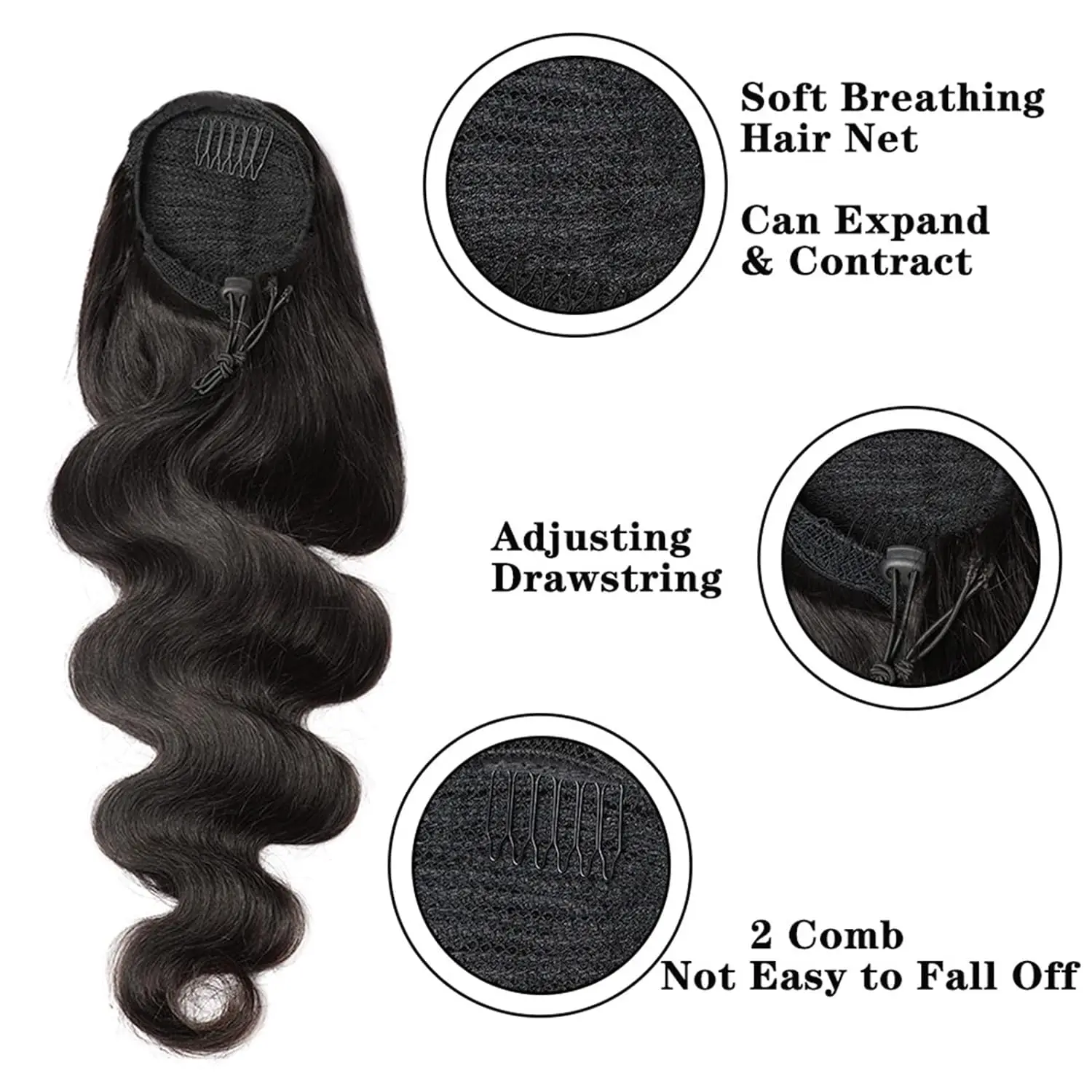 Natural Preto Drawstring Ponytail Extensões para As Mulheres, Clipe de Extensão Do Cabelo Onda Do Corpo, 100% Cabelo Humano, 26 pol