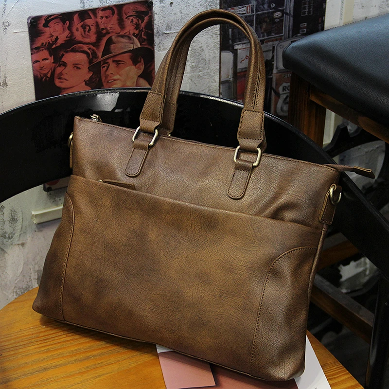 Tas Kerja Kasual Vintage Pria: Tas Selempang Horizontal, Tas Dokumen Laptop dengan Tali Bahu