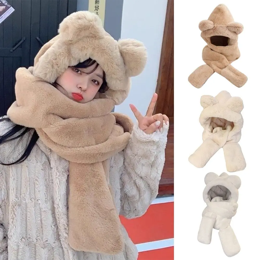 Cute Plush Bear Ears Hat Thickened Windproof Integrated Cap Scarf Winter Warm Ear Protection Cap for Woman Girls