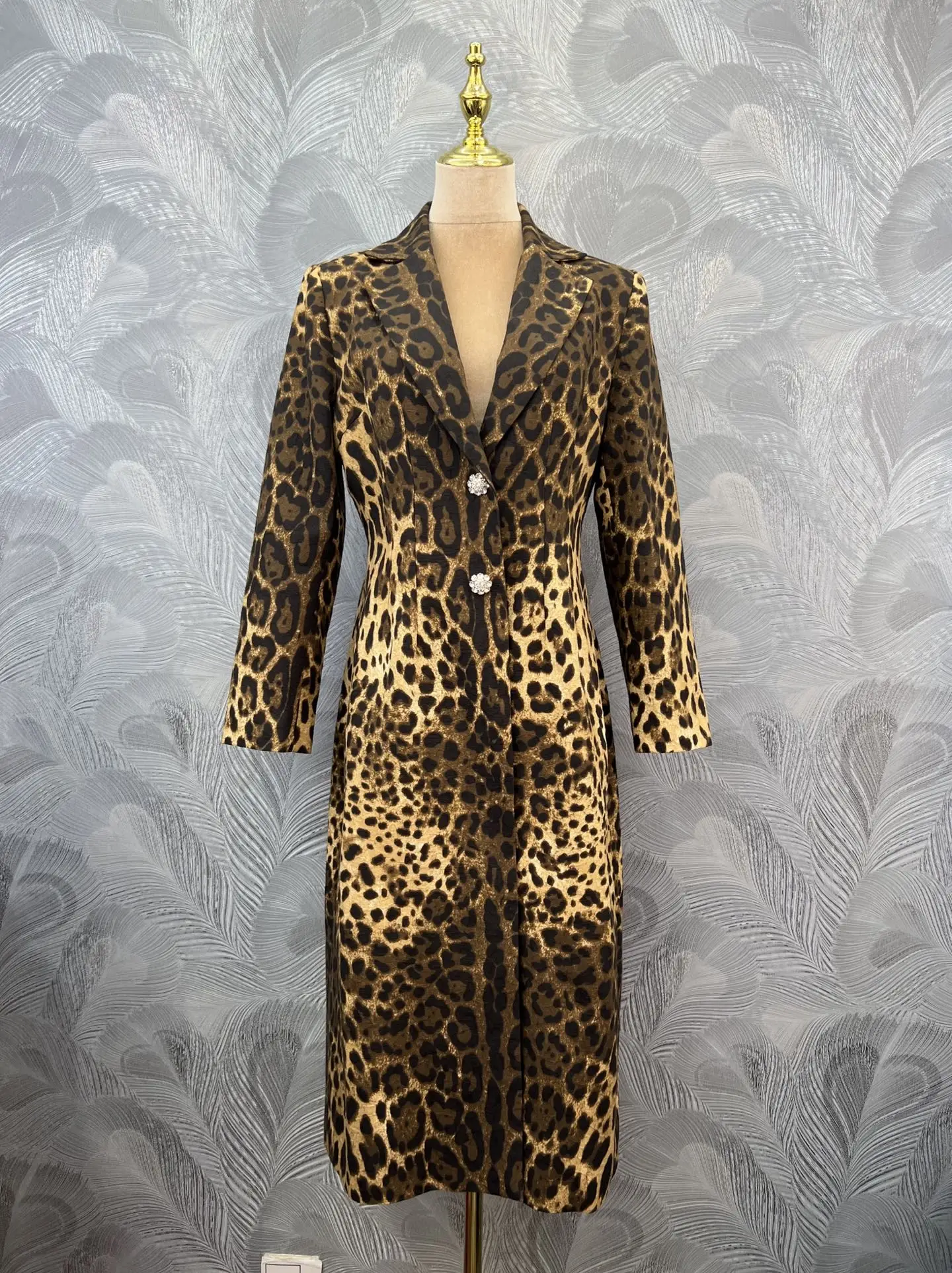 Women's Vintage Leopard Print Midi Coat Long Sleeve Single Breasted Rhinestone Button Elegant Autumn Outerwear