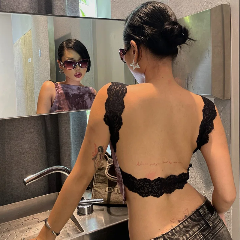 

2025 new summer fashion Europe and America women sexy sleeveless vest backless printed lace short tank top