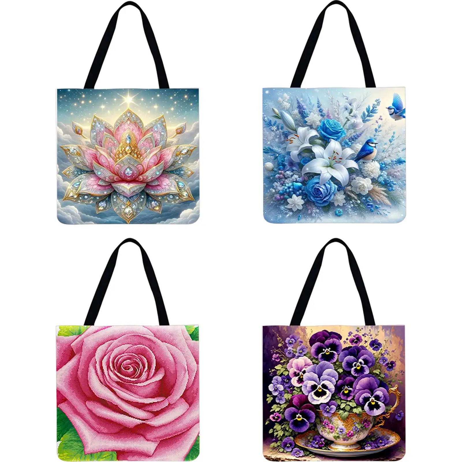 

4 шт., льняная большая сумка с цветами, большая вместительная женская сумка на плечо для покупок