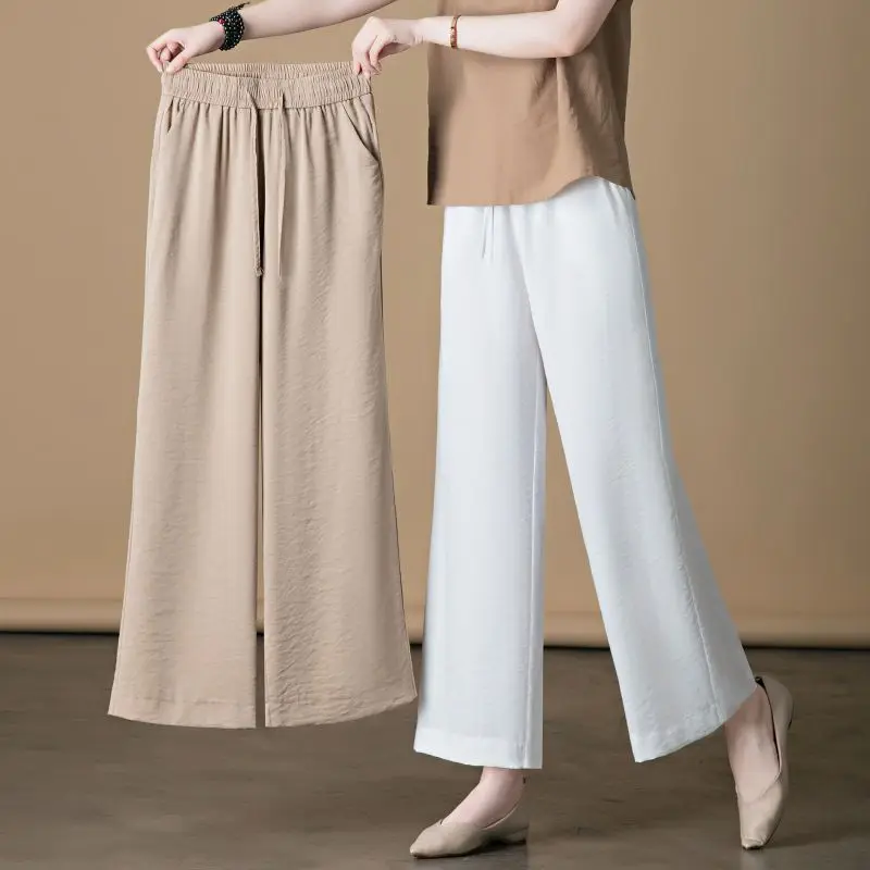 Women Summer Thin Ice Shreds High Waist Solid Color Wide Leg Women Clothes Casual All-match Appear Thin Large Size Cropped Pants