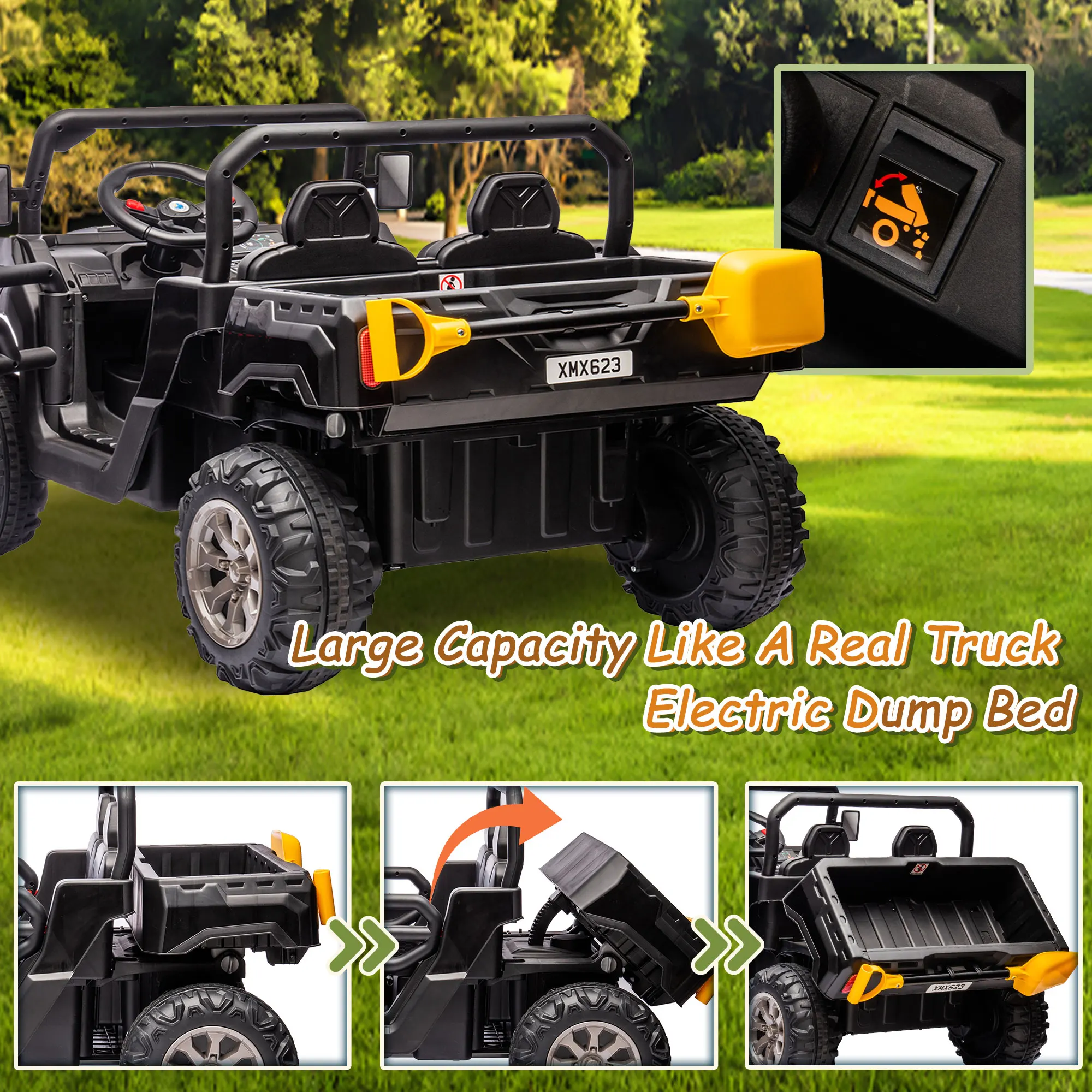 24V Ride On Truck 2-Sitzer-Ride On UTV mit 2x200W Motor Ride On Dump Truck mit Dump Bed/Schaufel Ride On Car mit ferngesteuertem Autospielzeug