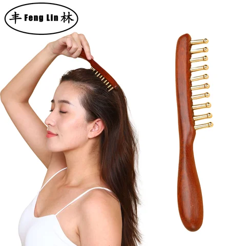 머리 경락 치료 및 휴식을 위한 10개 치아 구리 및 목재 마사지 빗