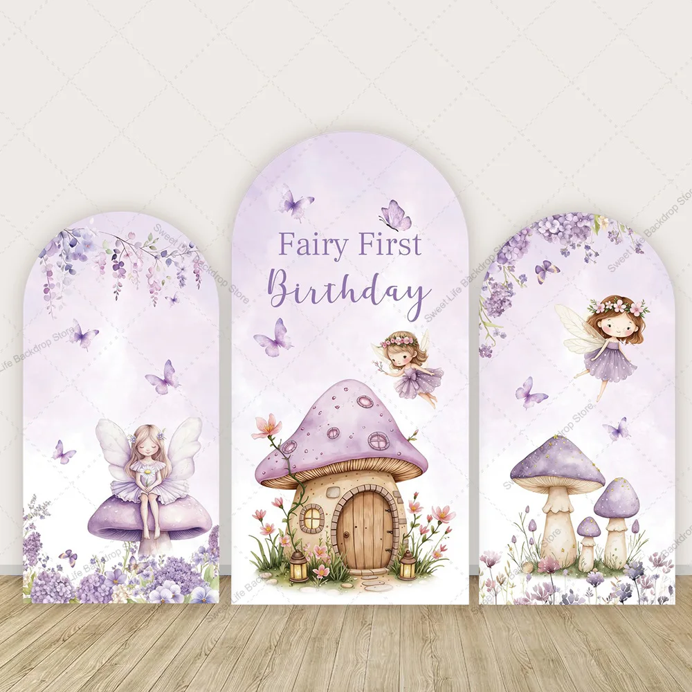

Princess Fairy First Birthday Arch Cover Backdrop Purple Wonderland Mushroom Butterflies 1st Birthday Baby Shower Background