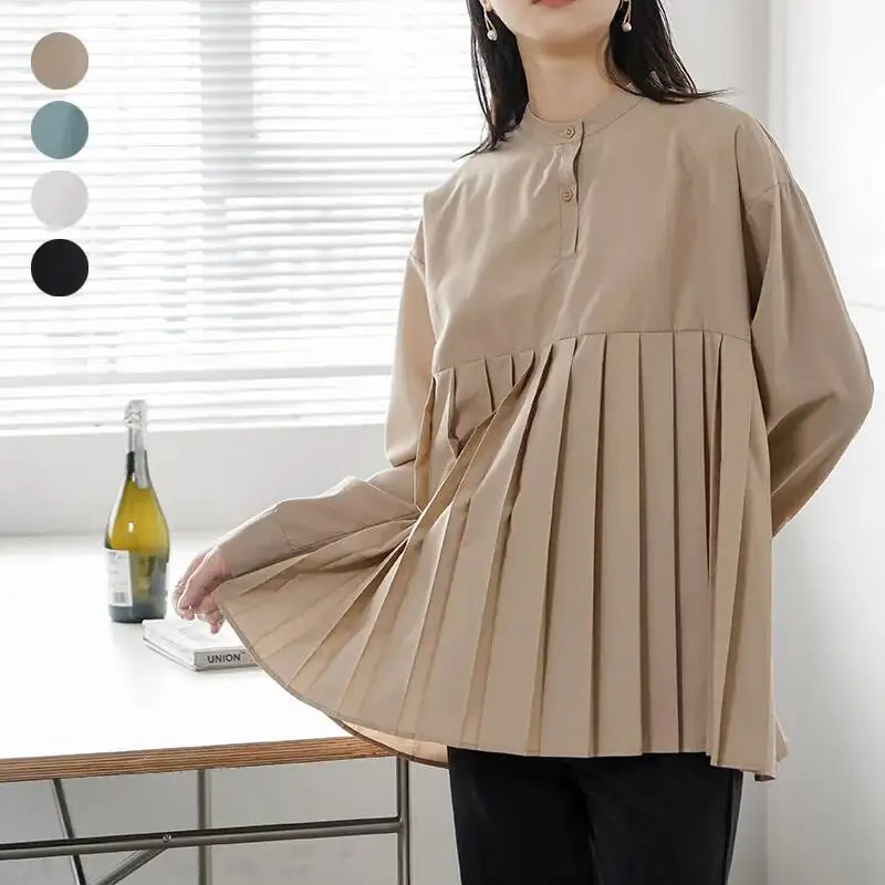 

Japan Rakuten New 4 Colors Spring Loose Solid Color Pleated Shirt Women's Mid-length Base Shirt