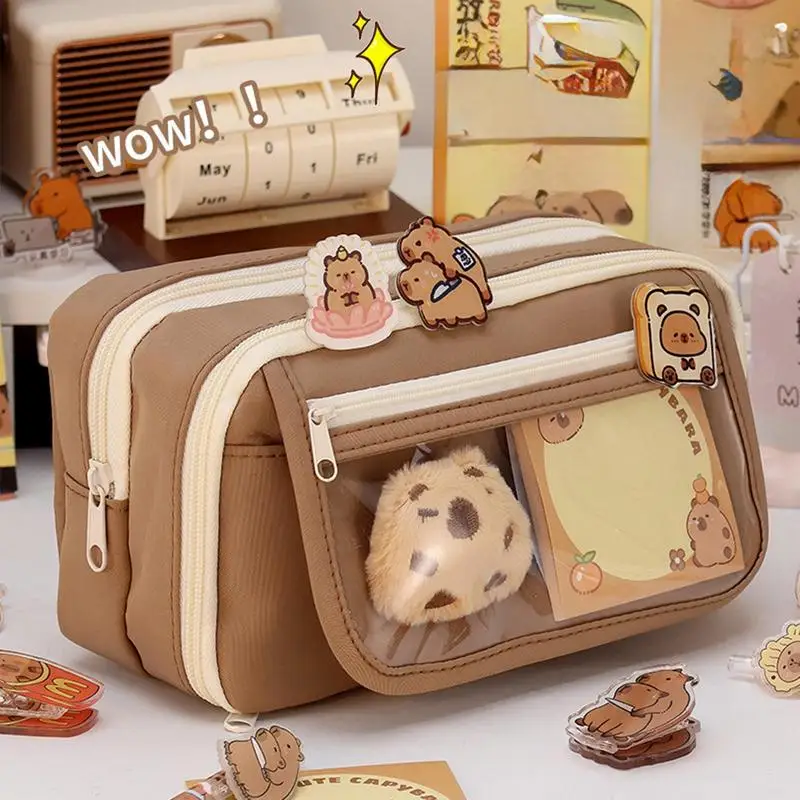 Large Capacity Capybara Multi Layered Separated Stationery Bag Pencil Case Cosmetic Bag School Office Supplies Stationery