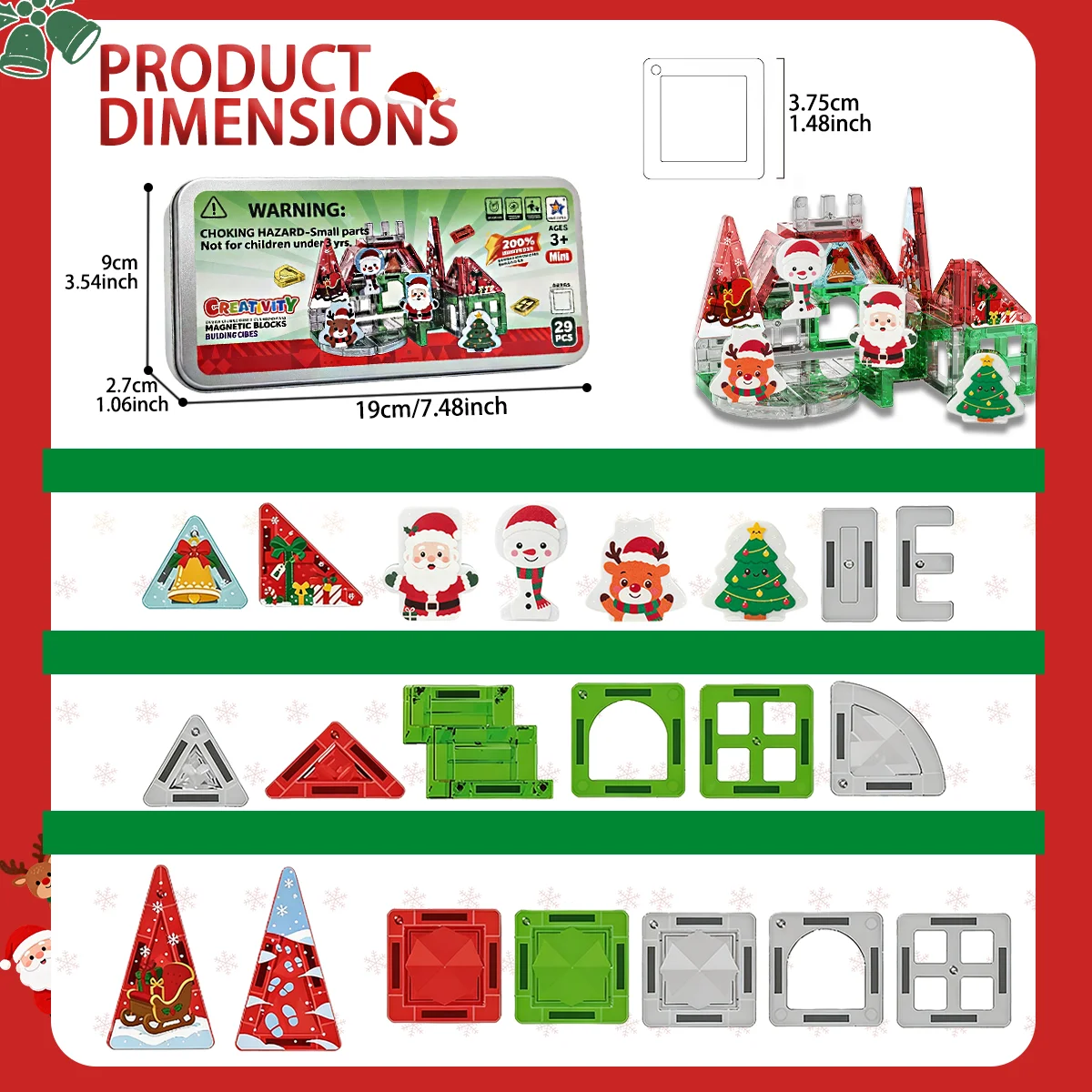 29Pcs Magnetic Tiles Building Blocks,Interactive Diy Construction Toy,Reative Magnet Bricks Kit,Christmas Party Diy Building Toy