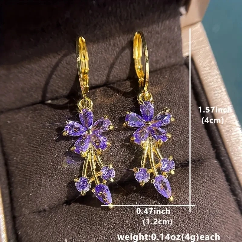 Luxury Gold Color Flower Shape Women Drop Earrings Inlaid Shiny Multicolour Cubic Zirconia Top Quality Fashion Banquet Jewel