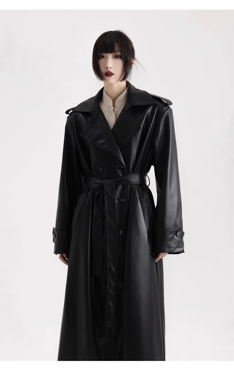 Lautaro Spring Autumn Extra Long Black Soft Pu Leather Trench Coat for Women Double Breasted Loose Casual Korean Fashion 2024