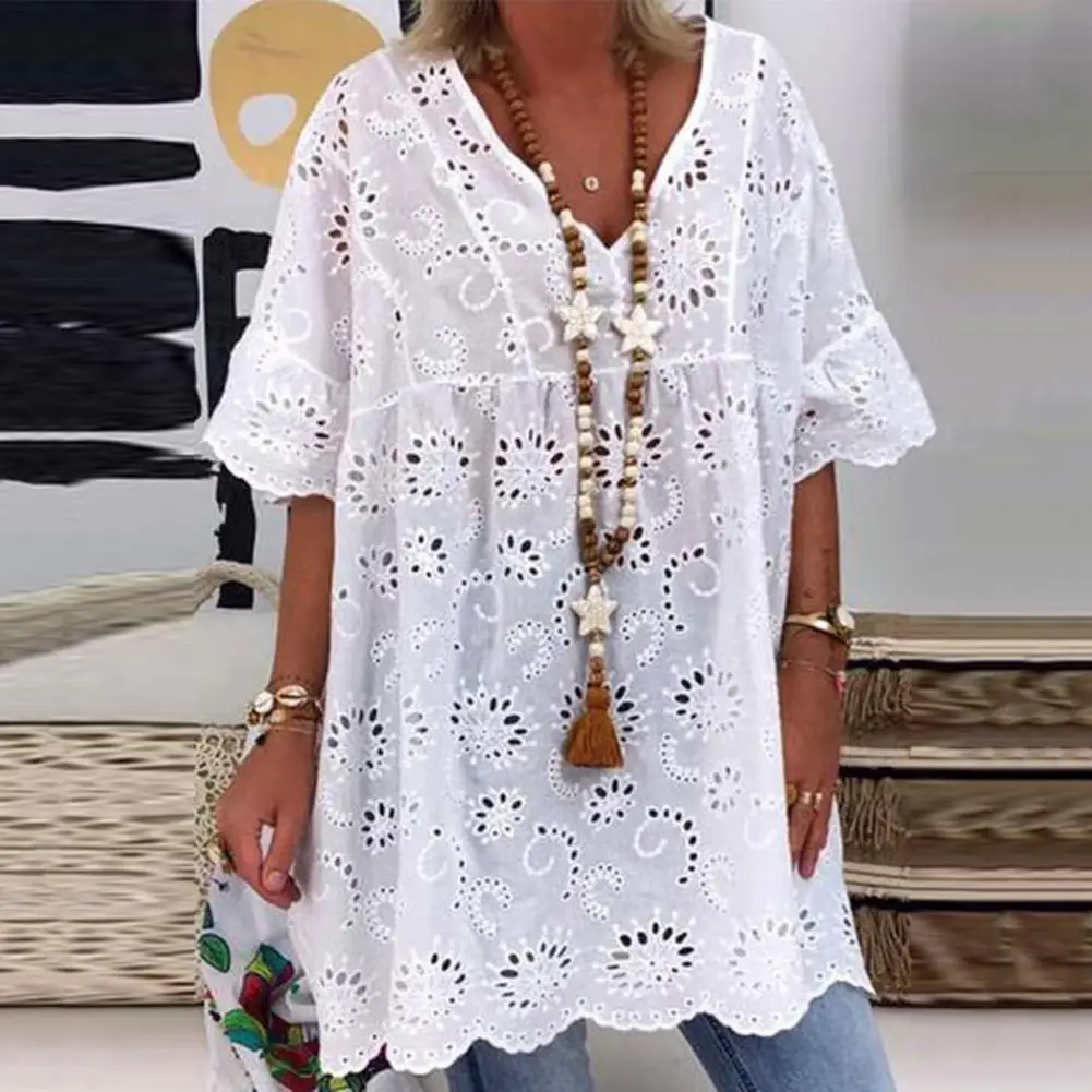 Women Mini Dress Fashion V-Neck Hollow Out Embroidery Pattern Short Sleeves White Color Ruffle Dress Summer Casual Loose Cover-u