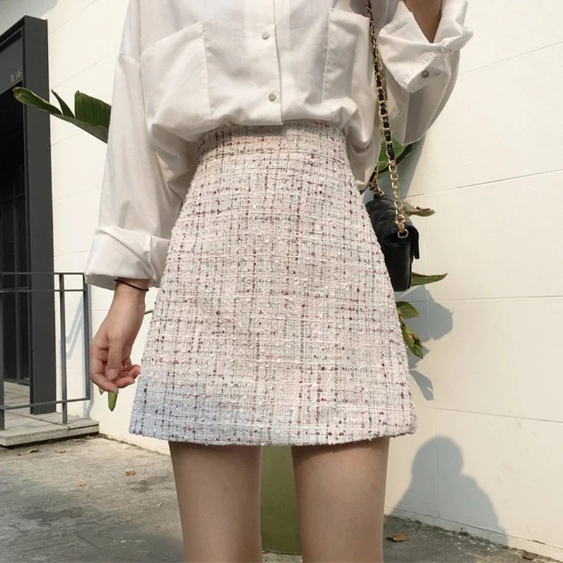 

Xiaoxiangfeng Half Body Dress Casual Women's High Waist Skirt Thick Tweed Wrapped Hip Skirt Anti Glare A-line Skirt Short Skirt