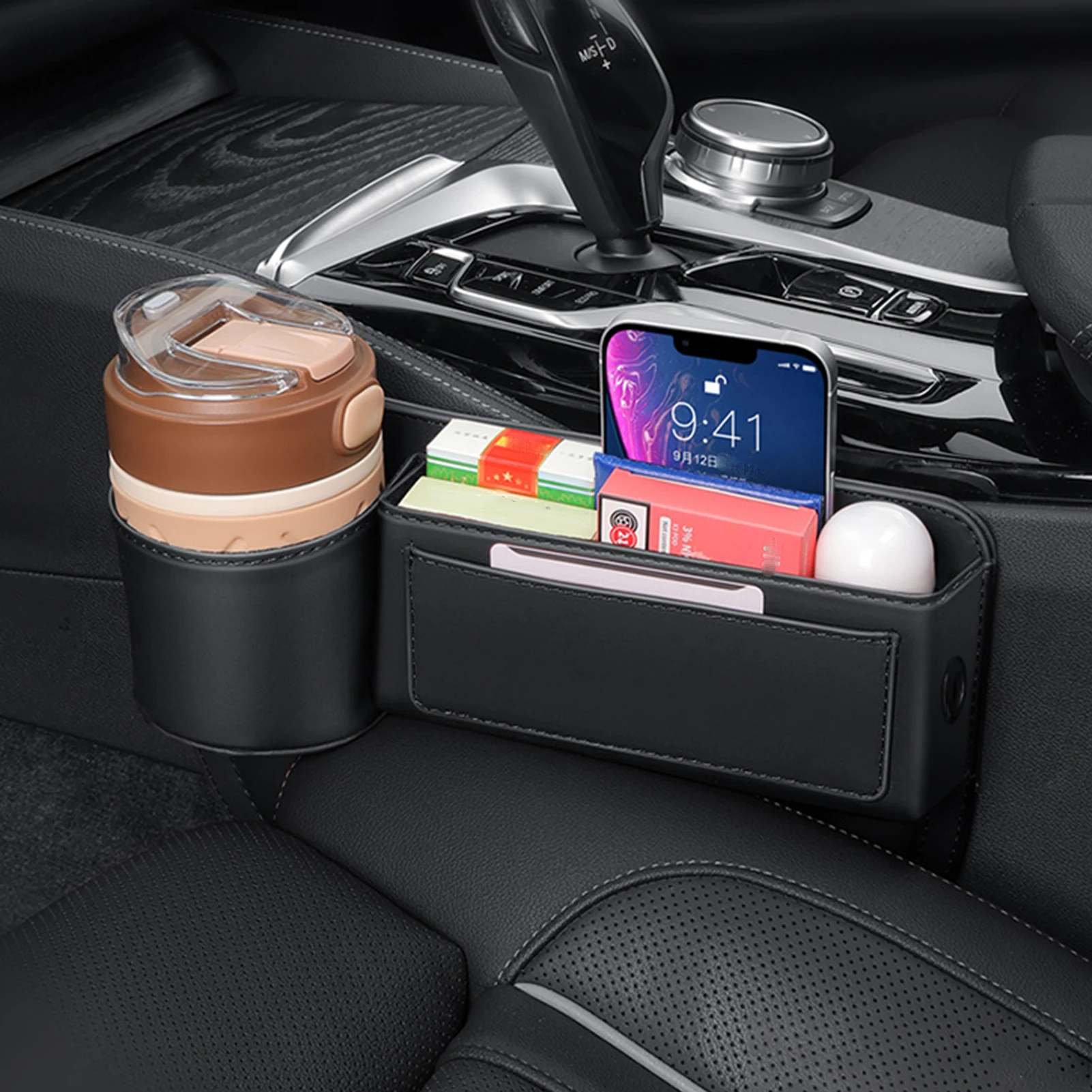 Car Leather Cup Holder Gap Bag Adjustable Car Gap Filler Suitable for Cell Phones Sunglasses