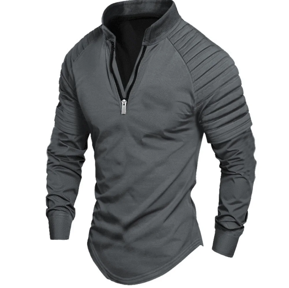 Men\'s POLO Shirt Fashion Casual Loose Solid Color Striped Zipper Stand Collar Sports Urban Office Long-Sleeved Tops